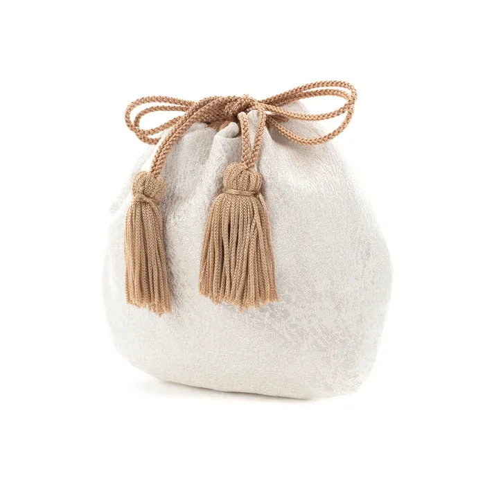 Nishijin-ori Small Drawstring Bag - Crumpled Pattern / Silver and White -,  Made in Kyoto, Japan,  Japanese traditional craft purse