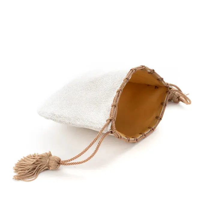 Nishijin-ori Small Drawstring Bag - Crumpled Pattern / Silver and White -,  Made in Kyoto, Japan,  Japanese traditional craft purse