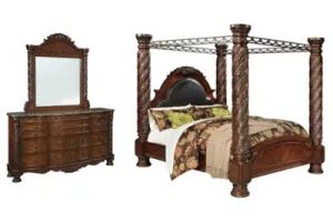 North Shore California King Poster Bed with Canopy with Mirrored Dresser