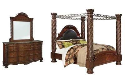 North Shore California King Poster Bed with Canopy with Mirrored Dresser