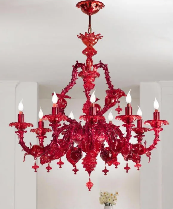 Opulent Red Murano Glass 9 Light Chandelier