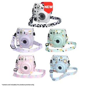 Pikxi 3-in-1 Clear Instant Camera Case for FUJIFILM Instax Mini 12 Film Cameras with Cartoon Patch Sticker Set and Body Strap - Available in Blossom Pink, Pastel Blue, Clay White, Lilac Purple, and Mint Green Color