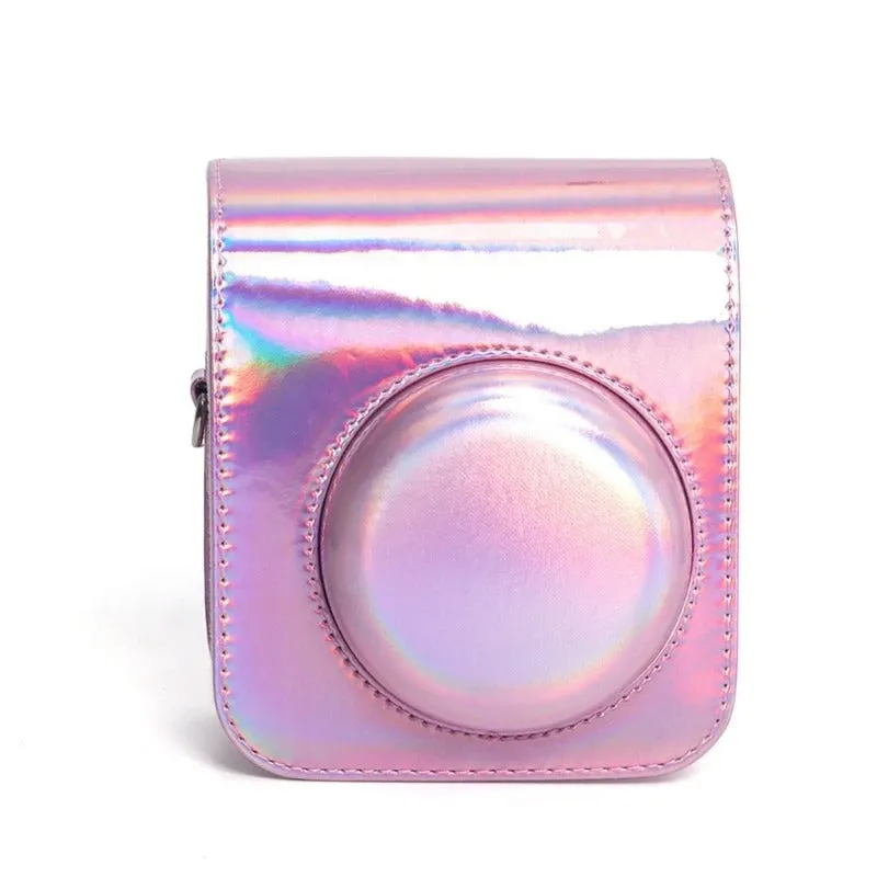 Pikxi BMP12 Iridescent Holographic Style Fujifilm Instax Mini 12 PU Leather Protective Camera Case Bag with Shoulder Strap - Purple, Silver, Pink