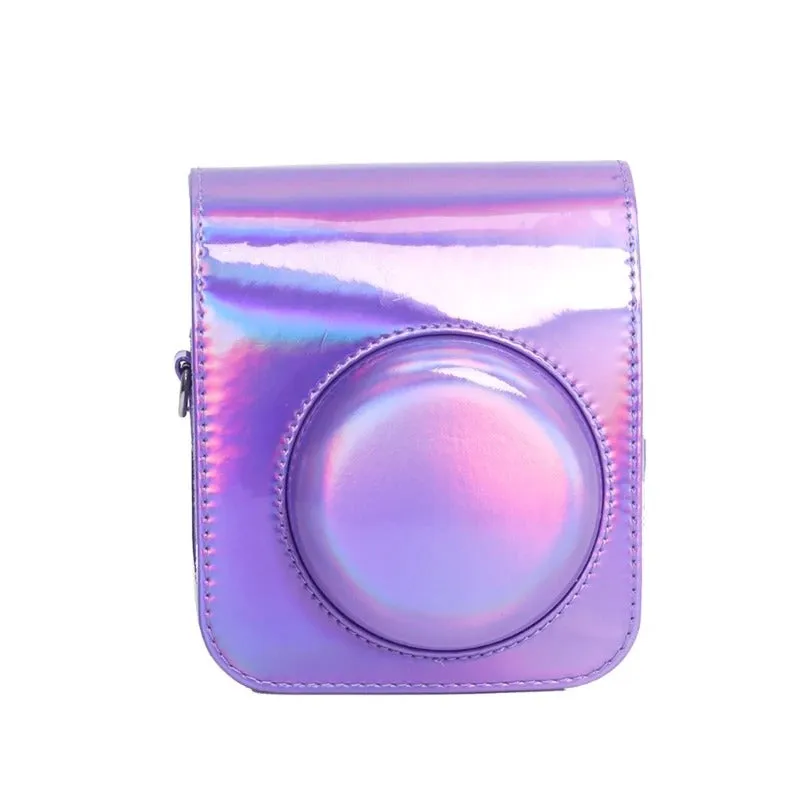 Pikxi BMP12 Iridescent Holographic Style Fujifilm Instax Mini 12 PU Leather Protective Camera Case Bag with Shoulder Strap - Purple, Silver, Pink