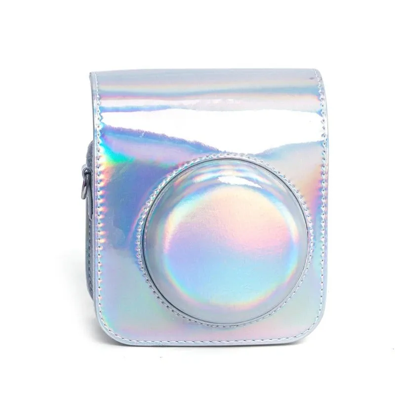 Pikxi BMP12 Iridescent Holographic Style Fujifilm Instax Mini 12 PU Leather Protective Camera Case Bag with Shoulder Strap - Purple, Silver, Pink