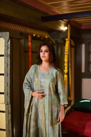 Sitara Green Hand Embroidered Munga Silk Kurta Bottom Dupatta Set | Ray-ethnic
