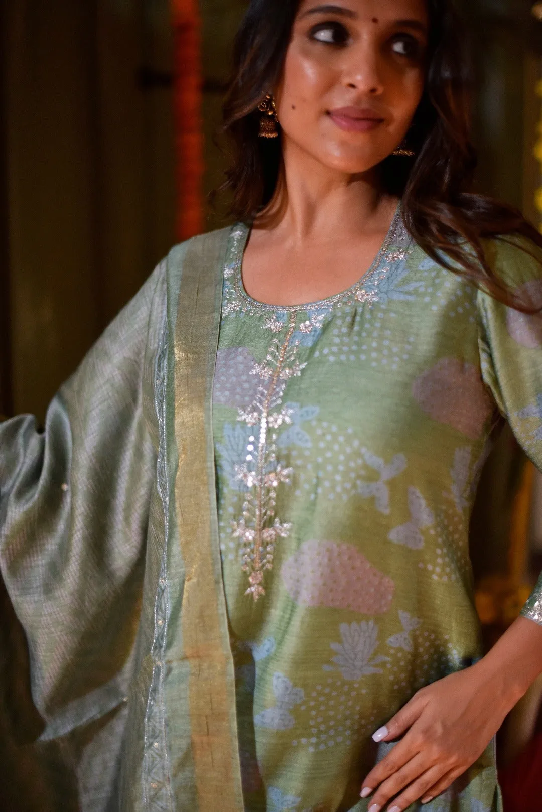 Sitara Green Hand Embroidered Munga Silk Kurta Bottom Dupatta Set | Ray-ethnic