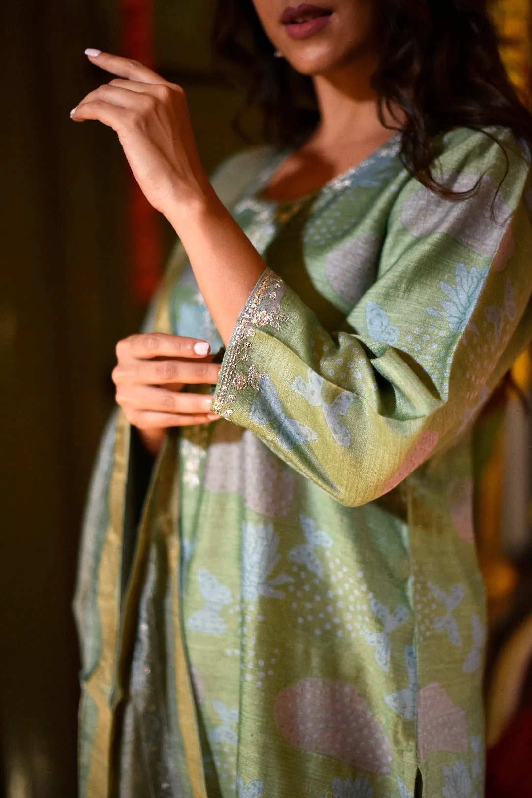 Sitara Green Hand Embroidered Munga Silk Kurta Bottom Dupatta Set | Ray-ethnic