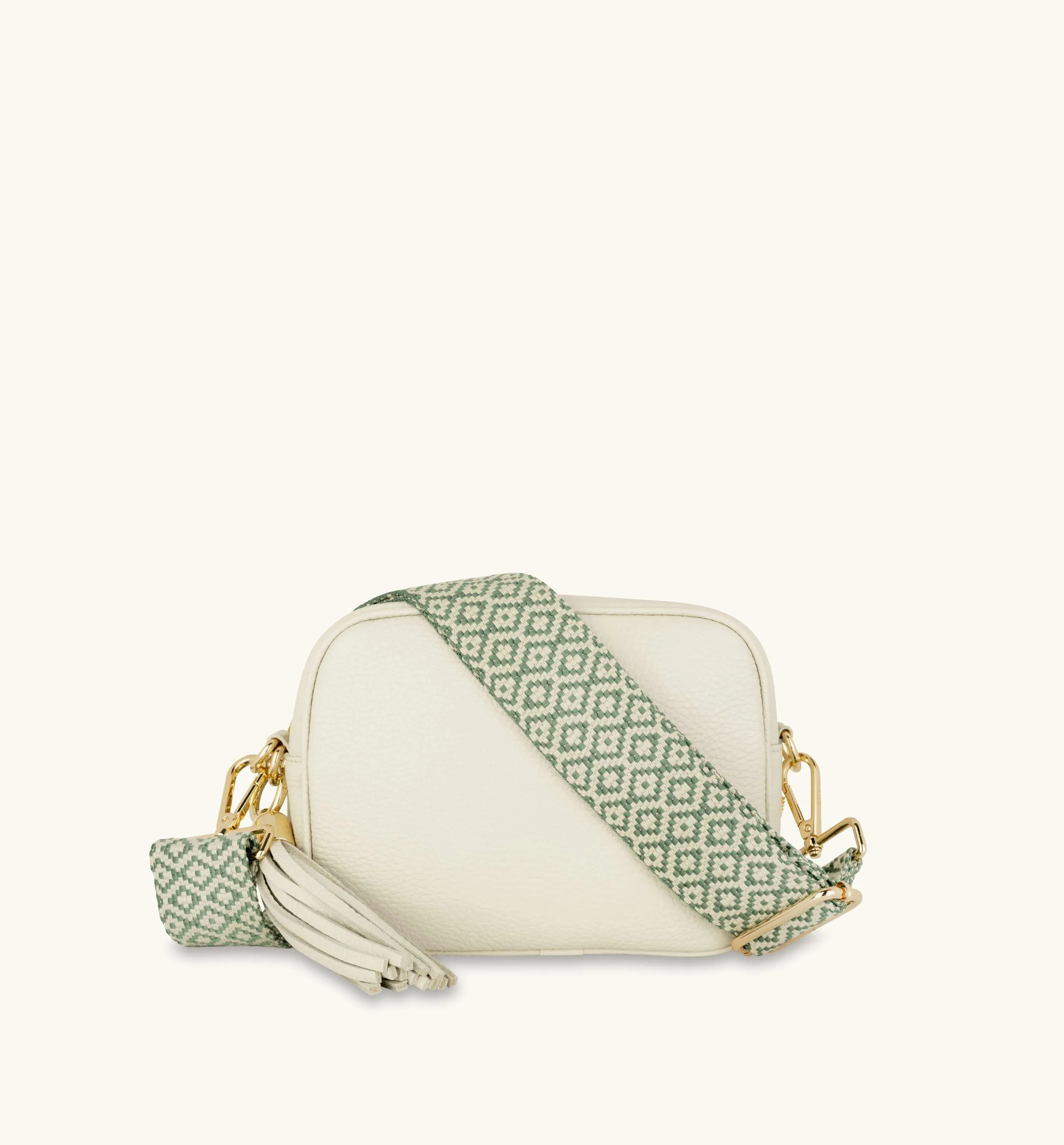 The Tassel Stone Leather Crossbody Bag With Pistachio Cross-Stitch Strap