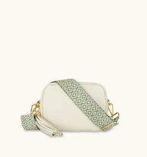 The Tassel Stone Leather Crossbody Bag With Pistachio Cross-Stitch Strap