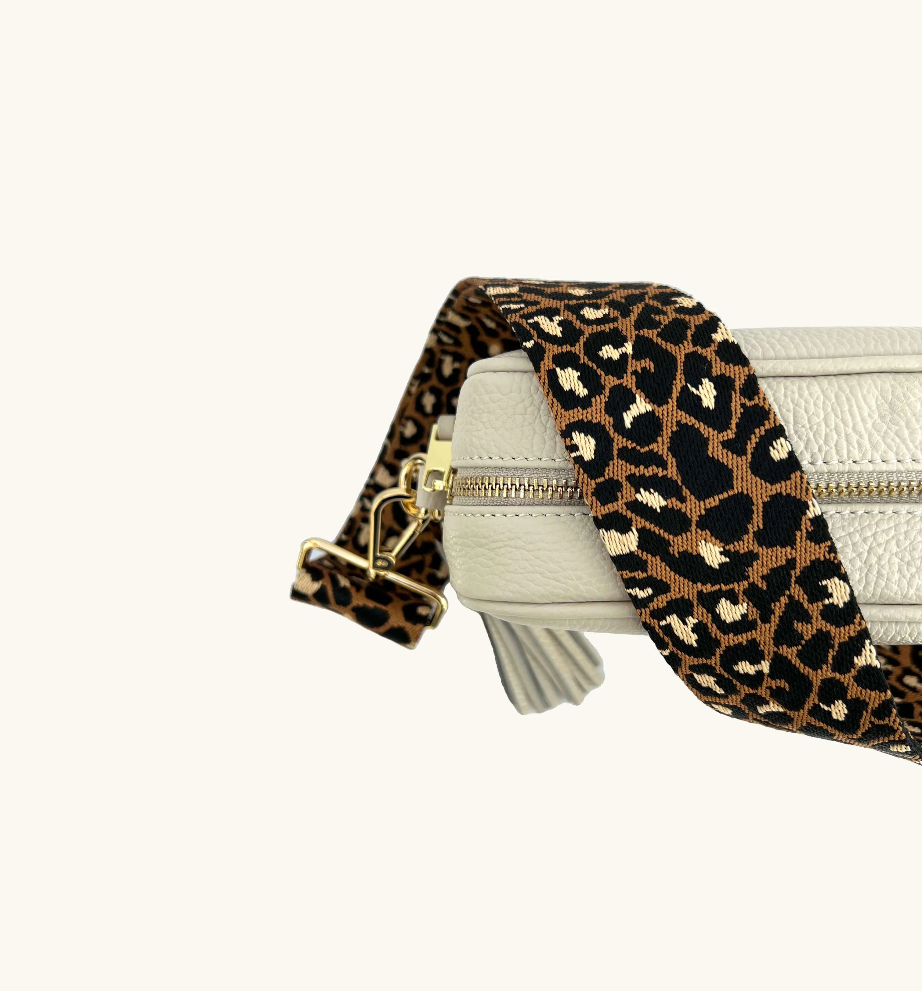 The Tassel Stone Leather Crossbody Bag With Tan Cheetah Strap