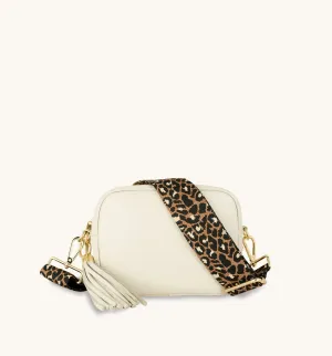 The Tassel Stone Leather Crossbody Bag With Tan Cheetah Strap