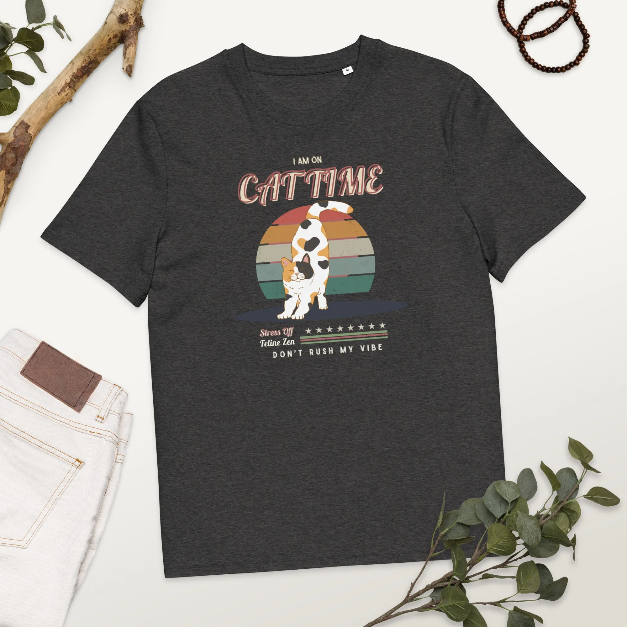 Vegan Organic Vintage Cat Tee - Feline Zen Quote