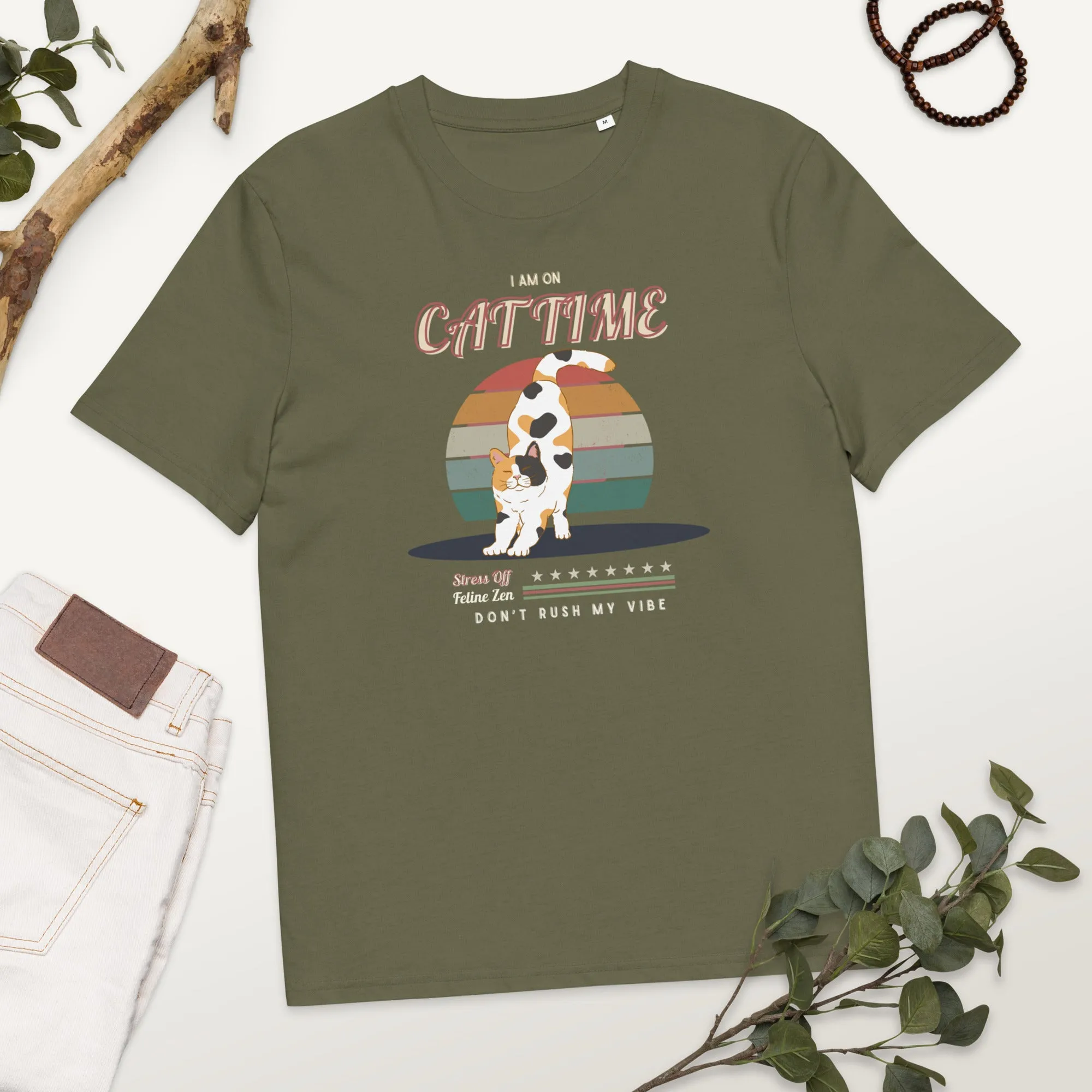 Vegan Organic Vintage Cat Tee - Feline Zen Quote