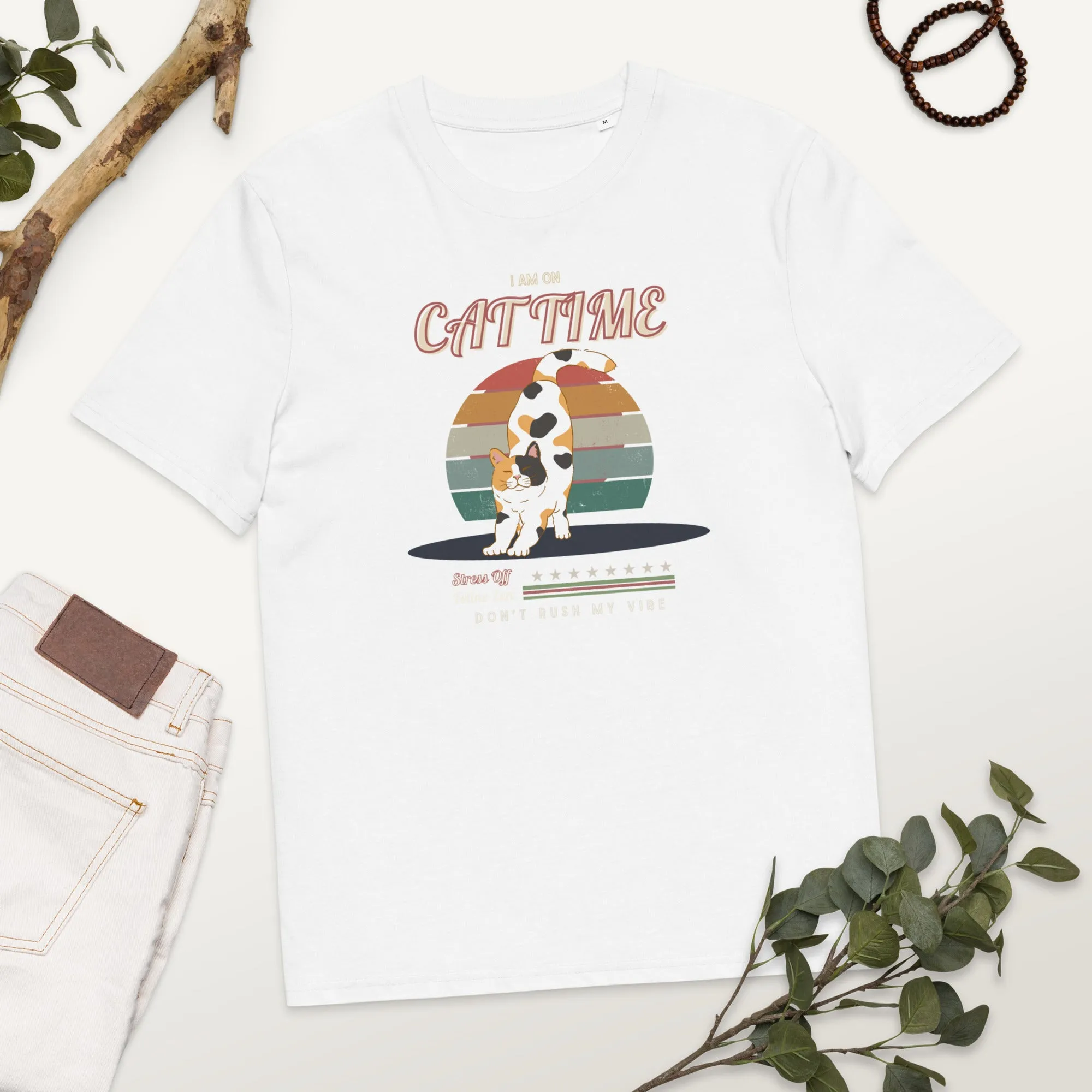 Vegan Organic Vintage Cat Tee - Feline Zen Quote