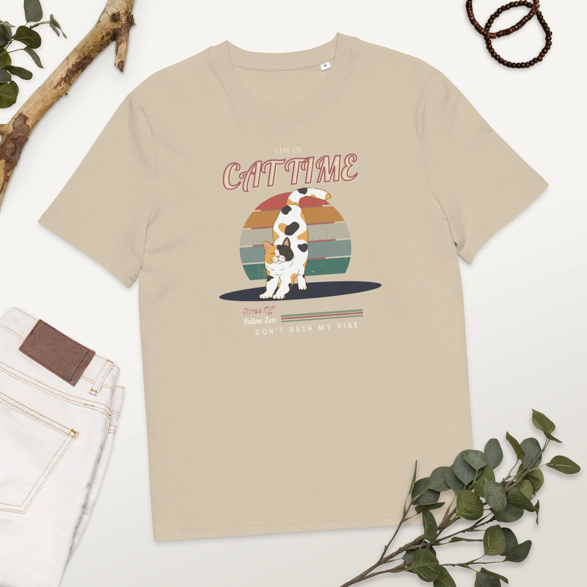 Vegan Organic Vintage Cat Tee - Feline Zen Quote