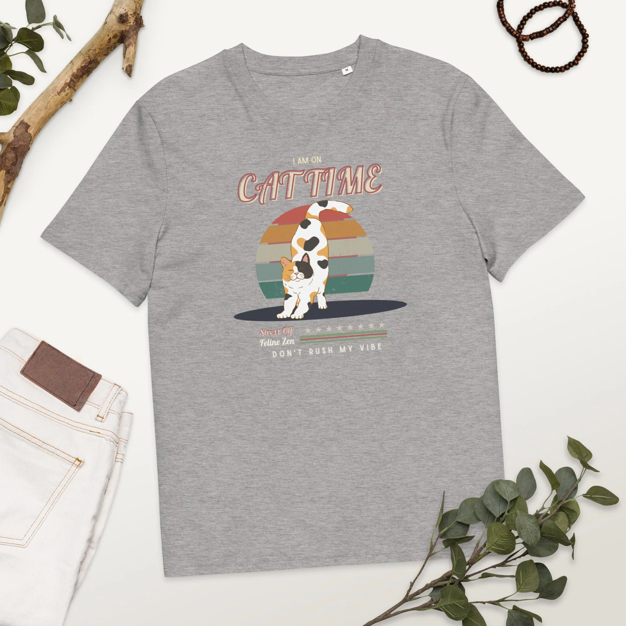 Vegan Organic Vintage Cat Tee - Feline Zen Quote