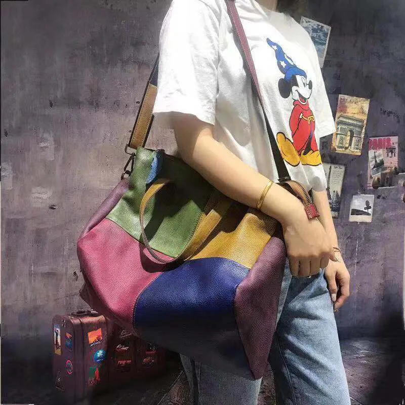 Women Leather Color Contrast Large Capacity Crossbody Shoulder Bag
